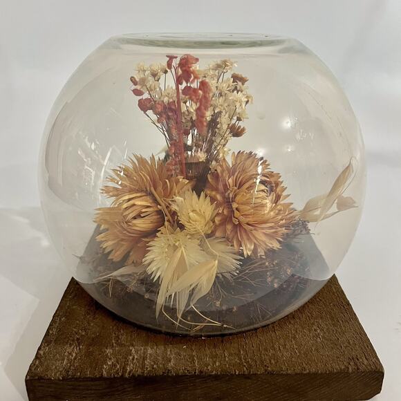 Vintage 60s Dried Flower Glass Terrarium Bird Floral Strawflower Daisy Bouquet - Picture 5 of 10